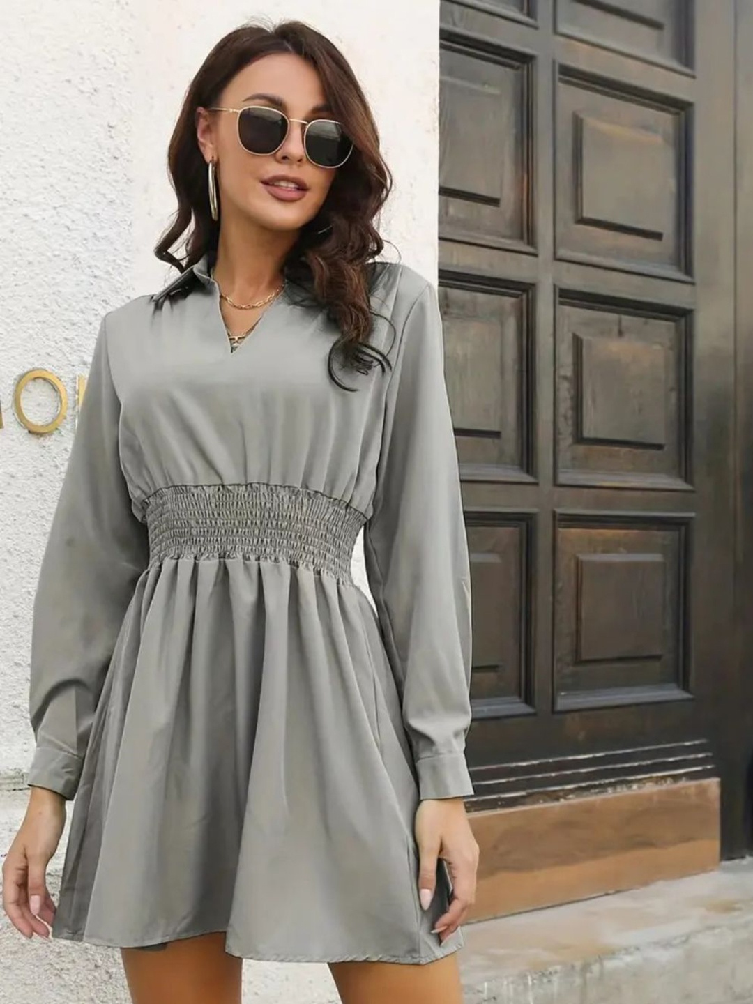 

DressBerry Grey Shirt Collar Chiffon Fit & Flare Dress