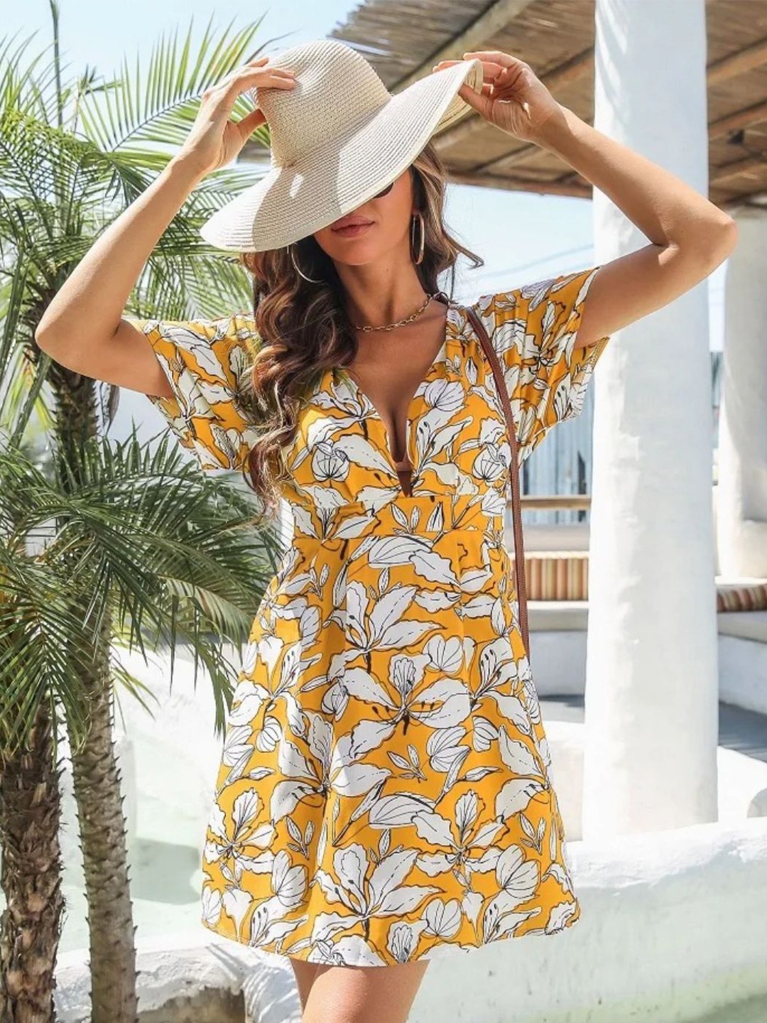 

DressBerry V-Neck Floral Print Fit & Flare Dress, Yellow