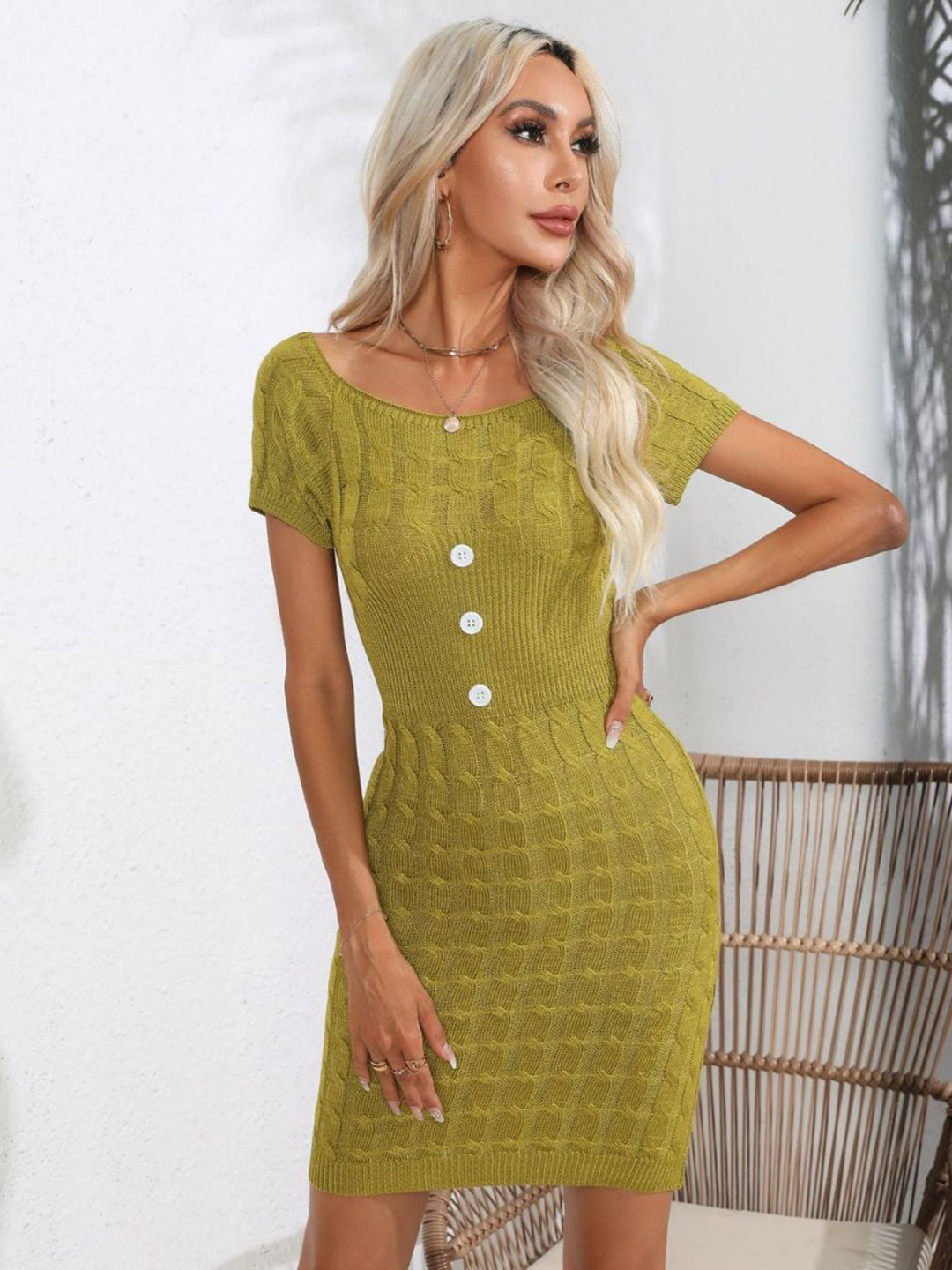 

DressBerry Self designed button twisted Round neck sweater knitted Sheath Dress, Green
