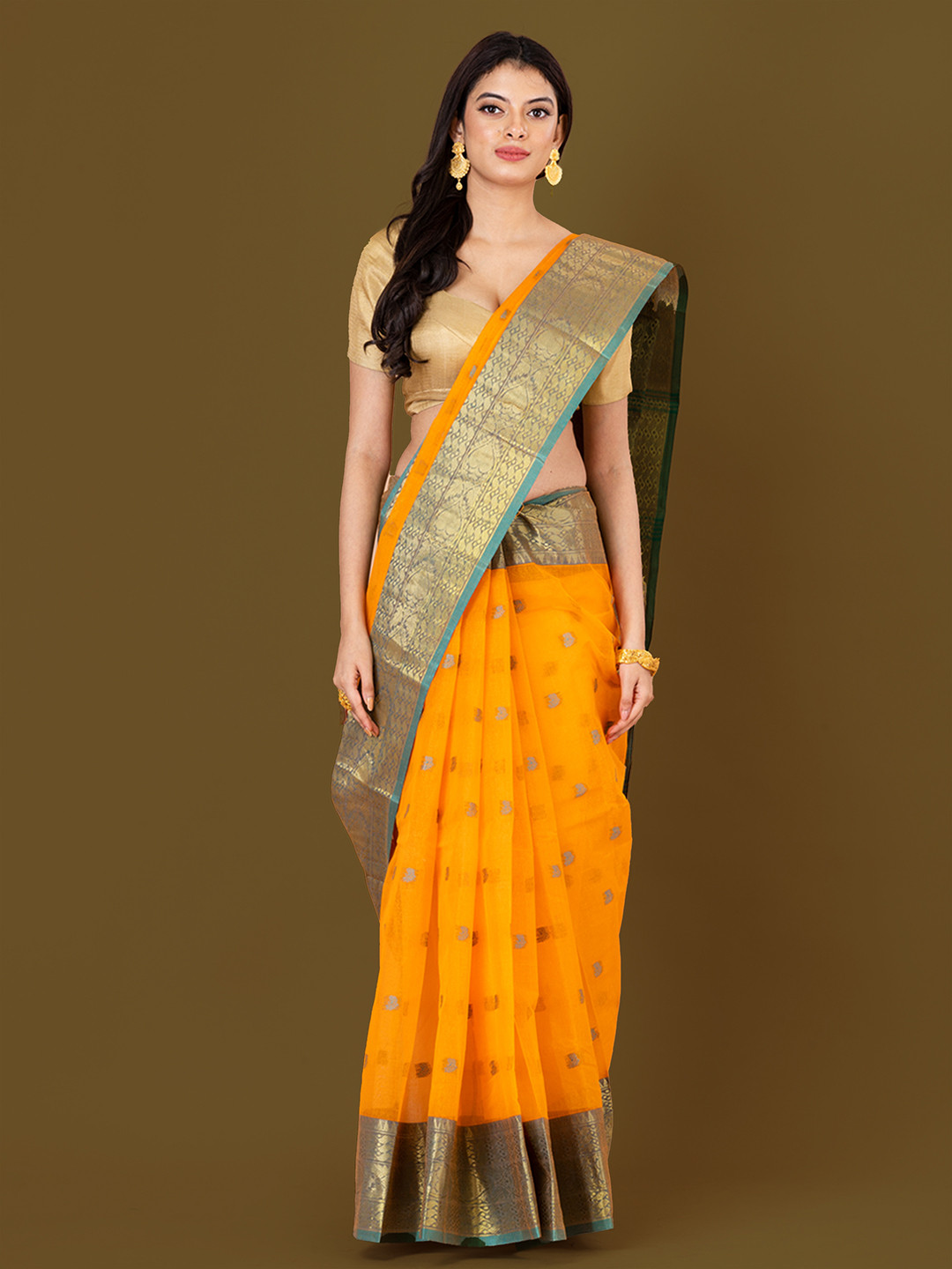

HOUSE OF ARLI Woven Design Zari Pure Cotton Taant Saree, Mustard