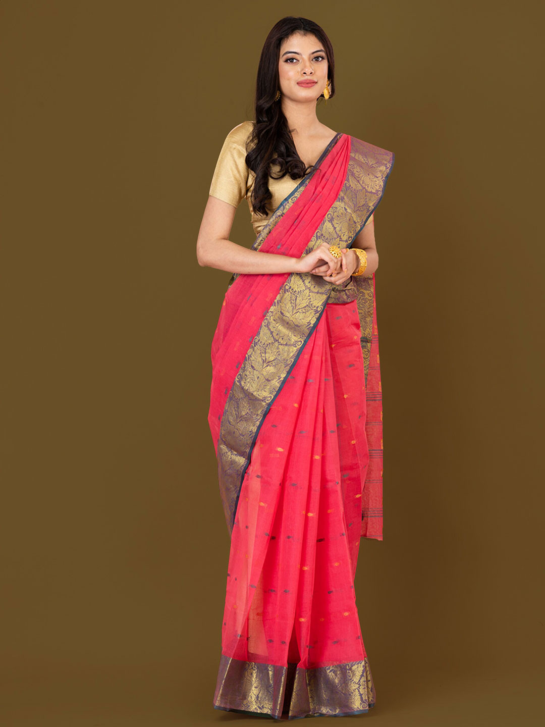 

HOUSE OF ARLI Ethnic Motifs Woven Design Zari Pure Cotton Taant Saree, Pink