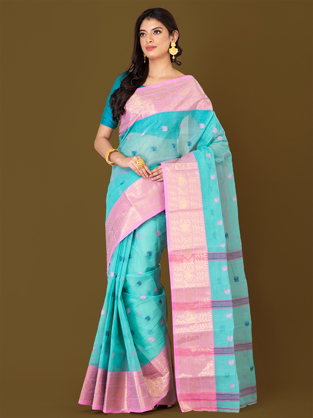

HOUSE OF ARLI Sea Green & Pink Zari Pure Cotton Taant Saree
