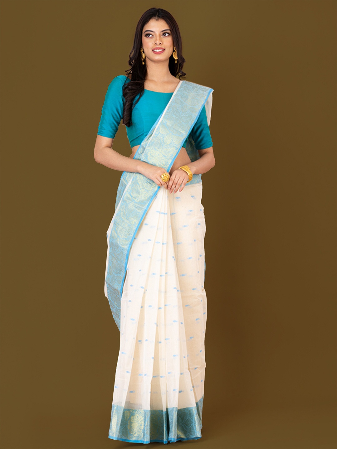 

HOUSE OF ARLI Ethnic Motifs Zari Pure Cotton Taant Saree, White