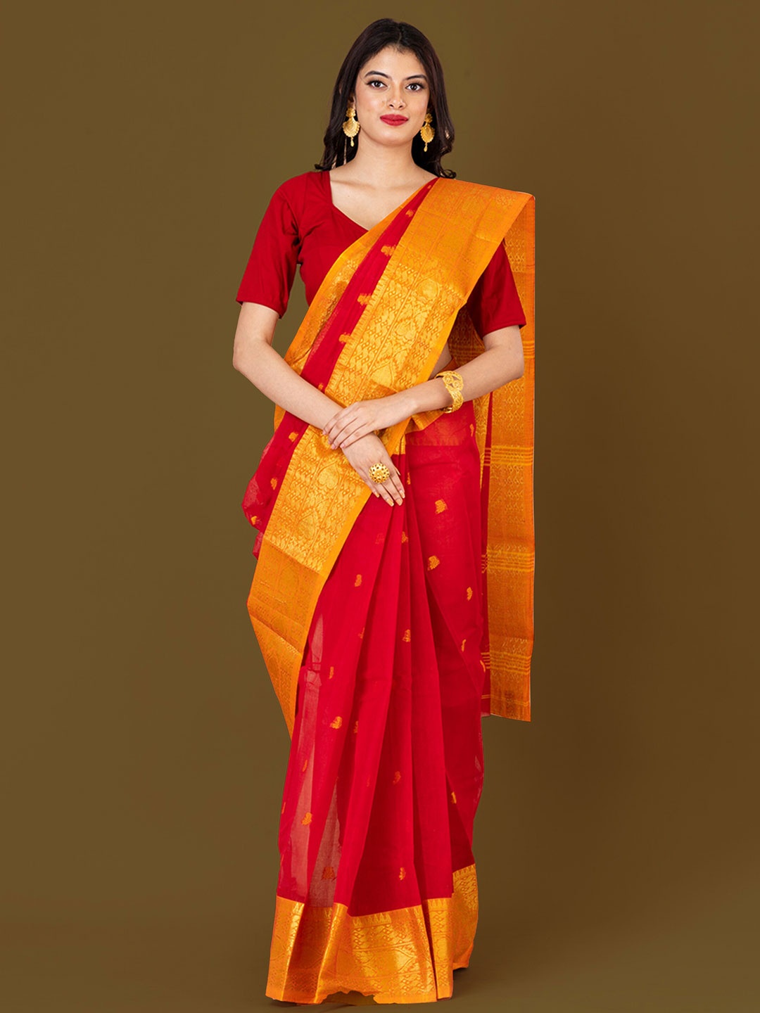 

HOUSE OF ARLI Woven Design Zari Pure Cotton Taant Saree, Red