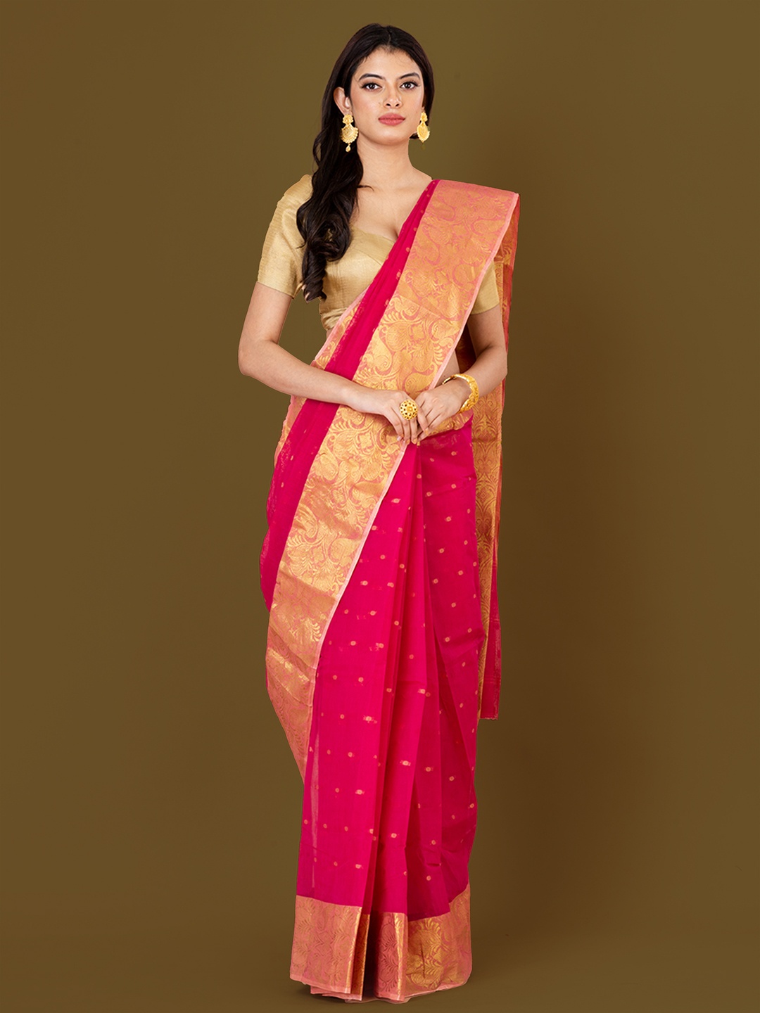 

HOUSE OF ARLI Polka Dot Zari Pure Cotton Taant Saree, Pink
