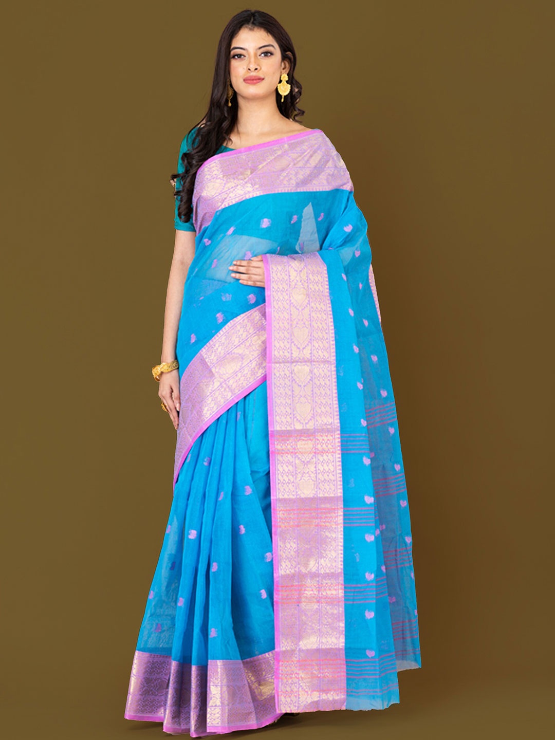 

HOUSE OF ARLI Paisley Woven Design Zari Pure Cotton Taant Saree, Blue