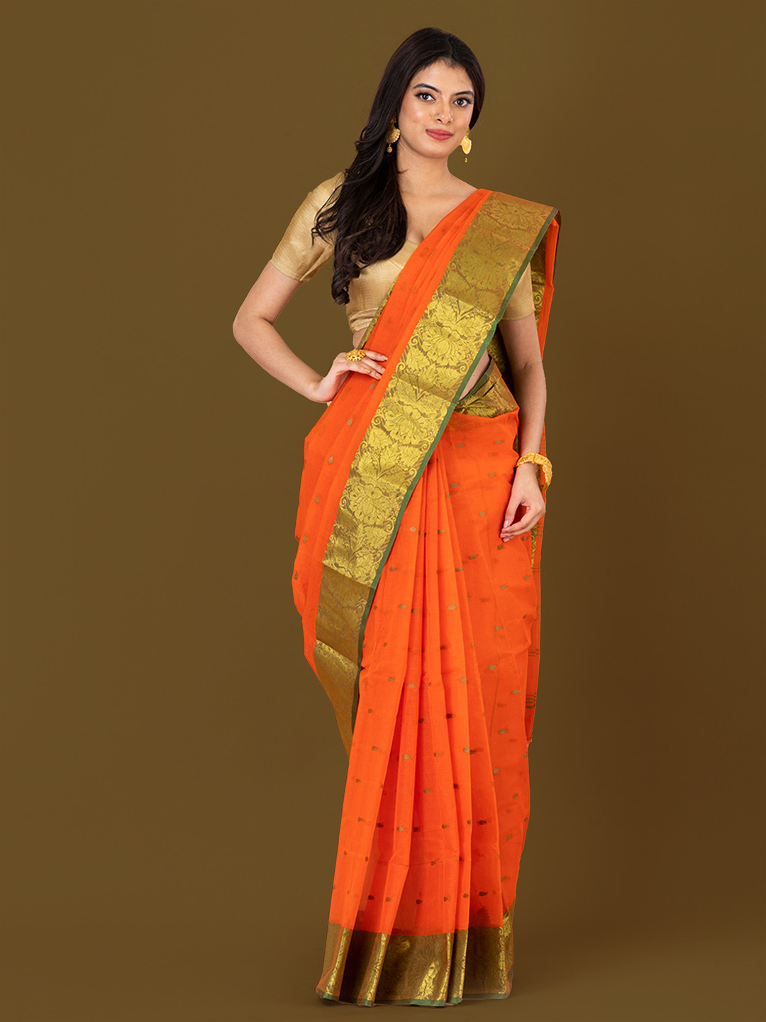 

HOUSE OF ARLI Ethnic Motifs Zari Pure Cotton Taant Saree, Orange