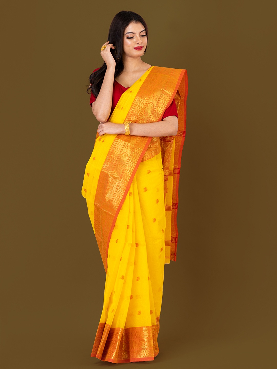 

HOUSE OF ARLI Ethnic Motifs Zari Pure Cotton Taant Saree, Yellow