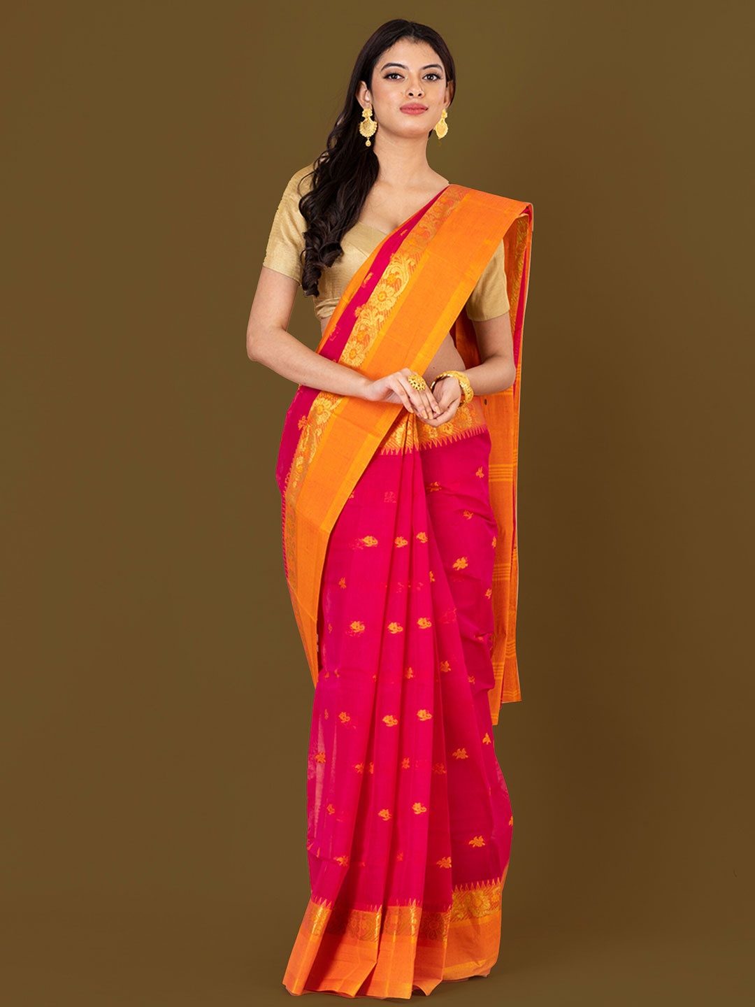 

HOUSE OF ARLI Woven Design Zari Pure Cotton Taant Saree, Pink