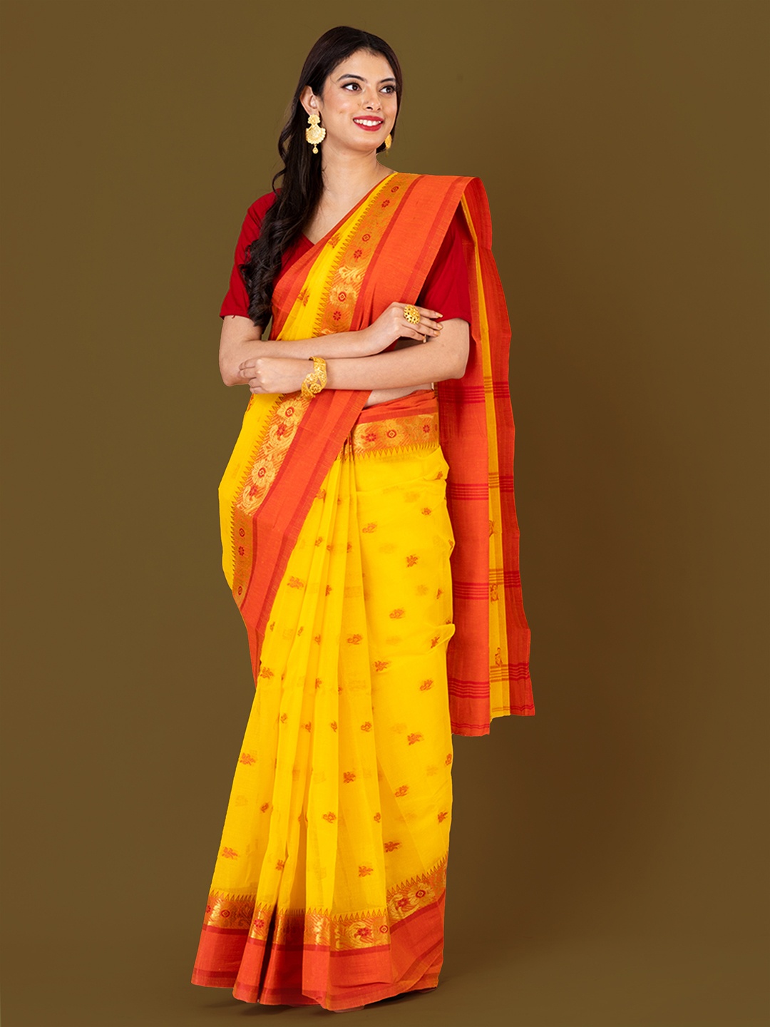 

HOUSE OF ARLI Yellow & Red Woven Design Zari Pure Cotton Taant Saree