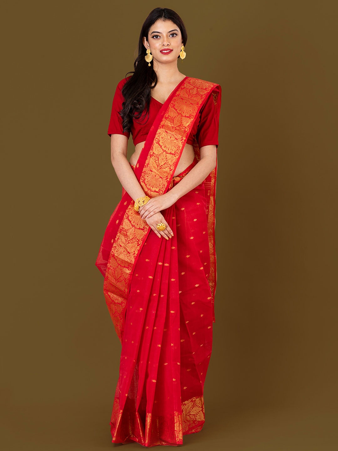 

HOUSE OF ARLI Woven Design Zari Pure Cotton Taant Saree, Red