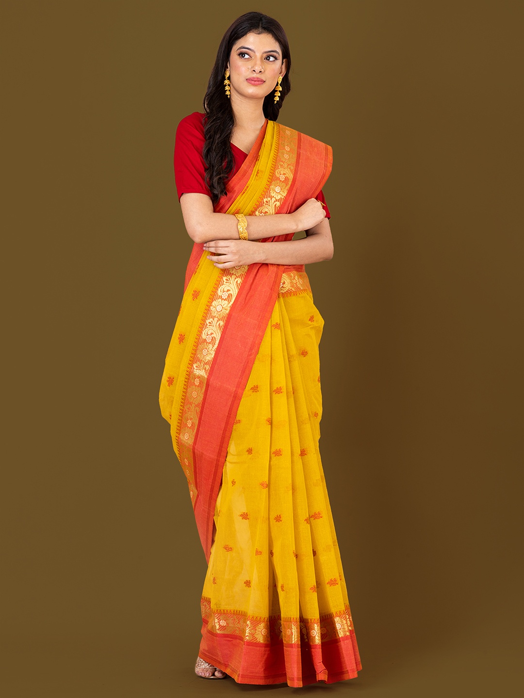 

HOUSE OF ARLI Floral Zari Pure Cotton Taant Saree, Yellow