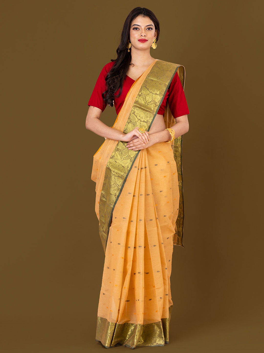 

HOUSE OF ARLI Woven Design Zari Pure Cotton Taant Saree, Beige