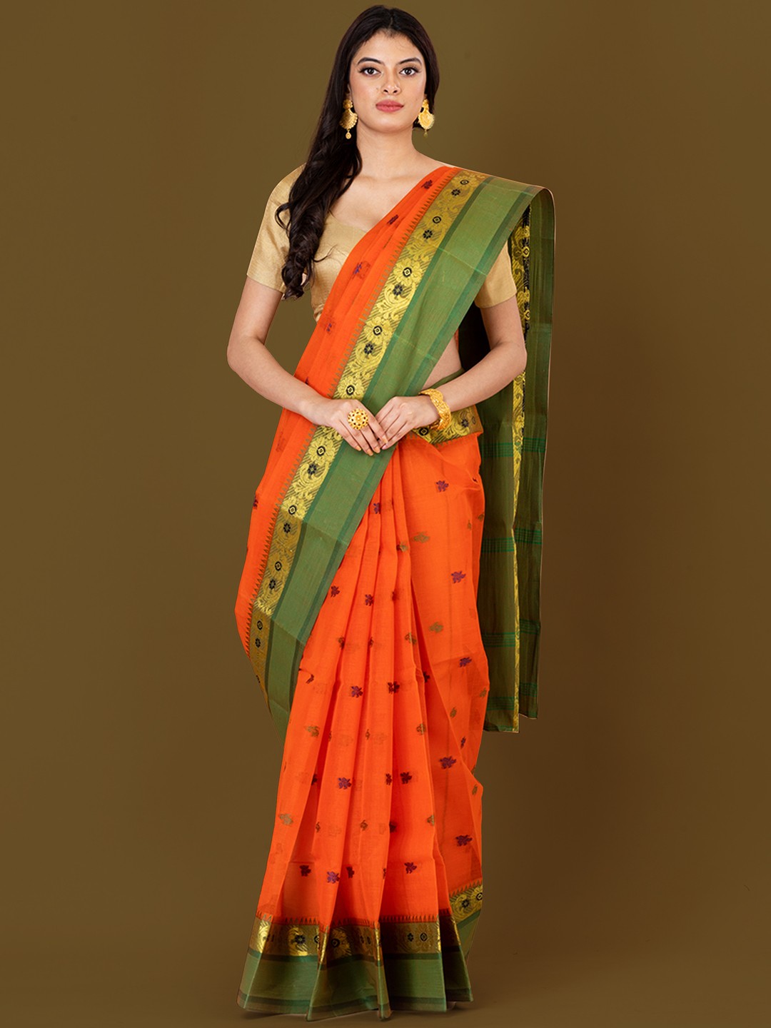

HOUSE OF ARLI Woven Design Zari Pure Cotton Taant Saree, Orange