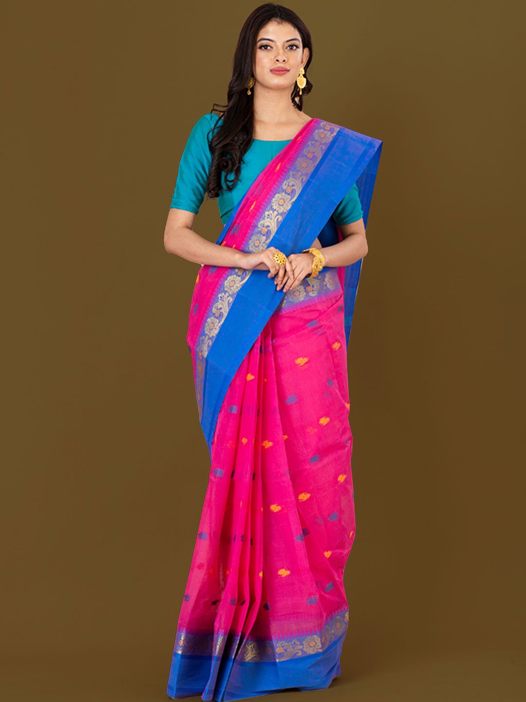 

HOUSE OF ARLI Floral Woven Design Zari Pure Cotton Taant Saree, Pink