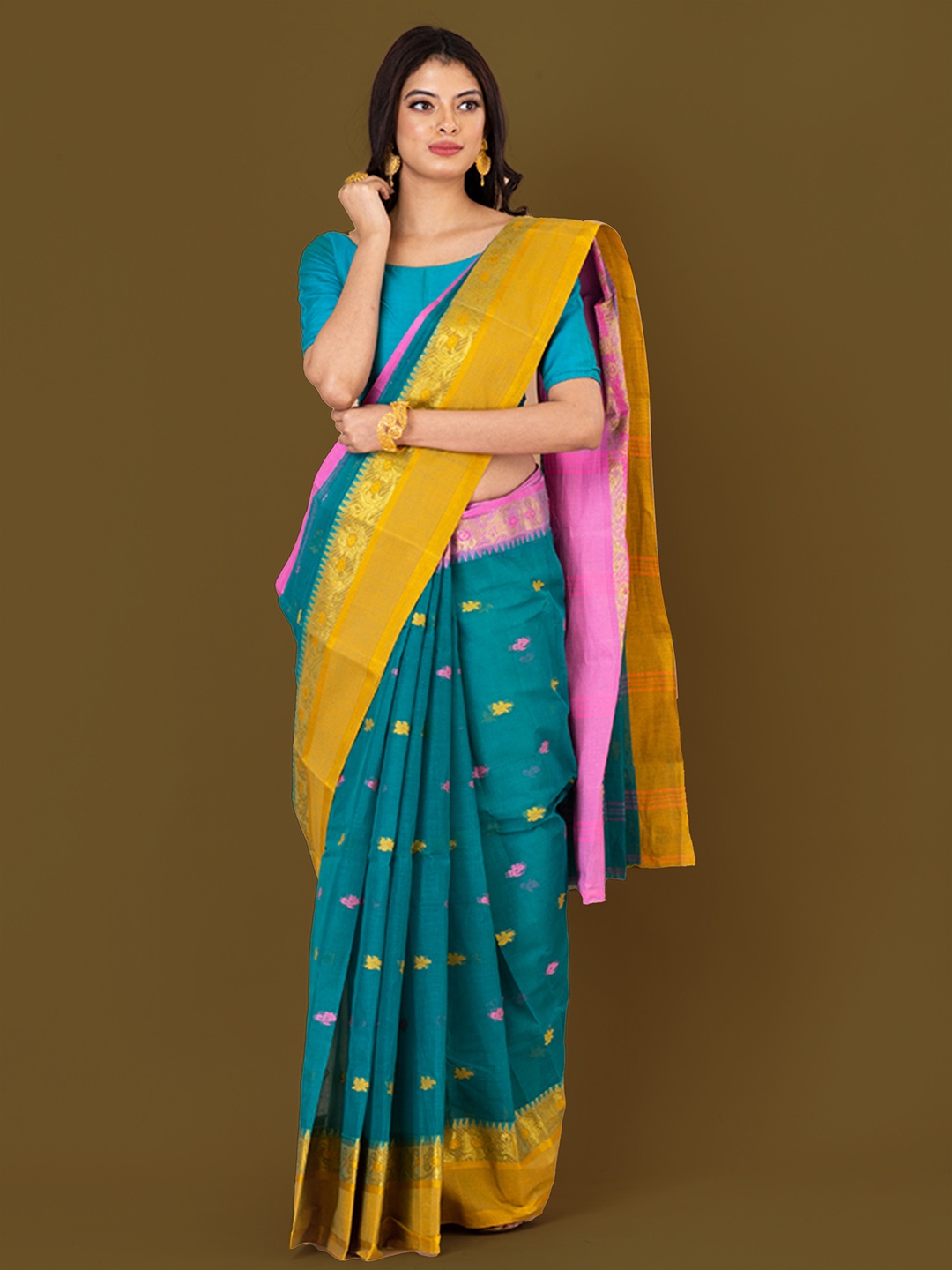 

HOUSE OF ARLI Blue & Yellow Woven Design Zari Pure Cotton Taant Saree