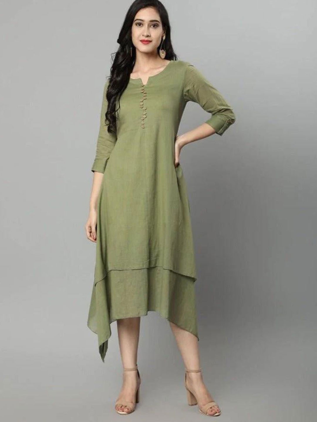 

Mera Rang A Line Cotton Midi Dress, Khaki