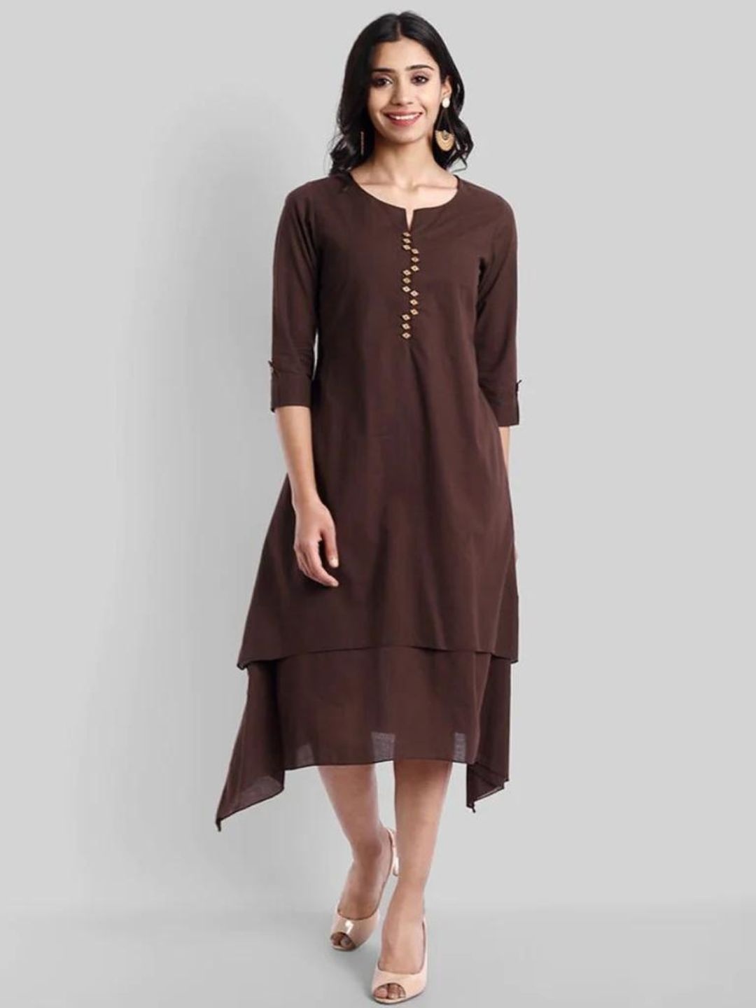 

Mera Rang Round Neck Three-Quarter Sleeves A-Line Midi Cotton Dress, Brown