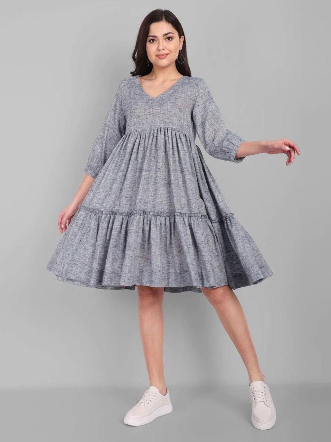 

Mera Rang V-Neck Knee Length Gathered or Pleated Fit & Flare Cotton Dress, Grey