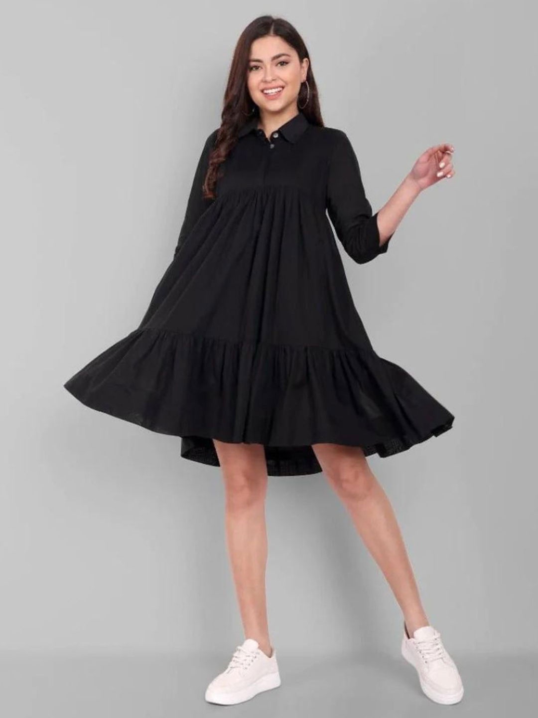 

Mera Rang Shirt Collar Above Knee Gathered or Pleated Fit & Flare Cotton Dress, Black