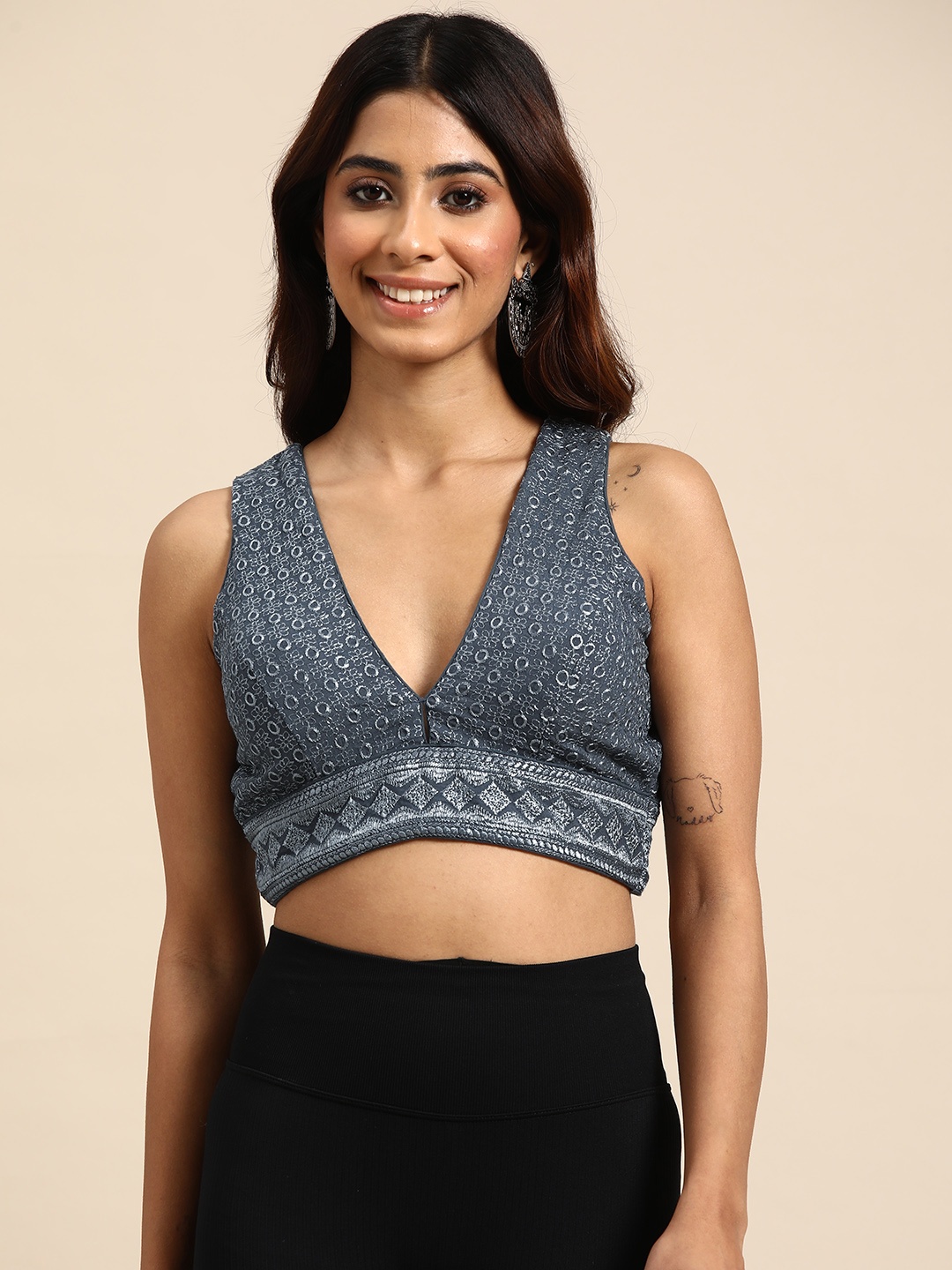 

Molcha Embroidered Sequinned Sleeveless Padded Saree Blouse, Grey