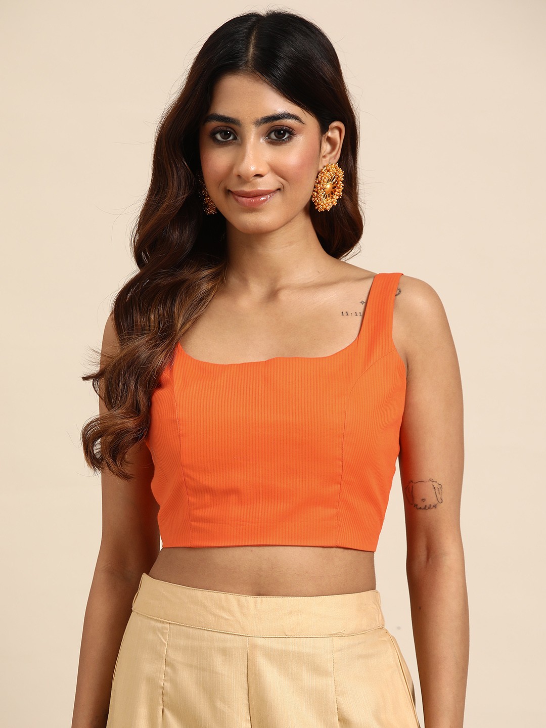

Molcha Woven Design Jacquard Sleeveless Padded Saree Blouse, Orange