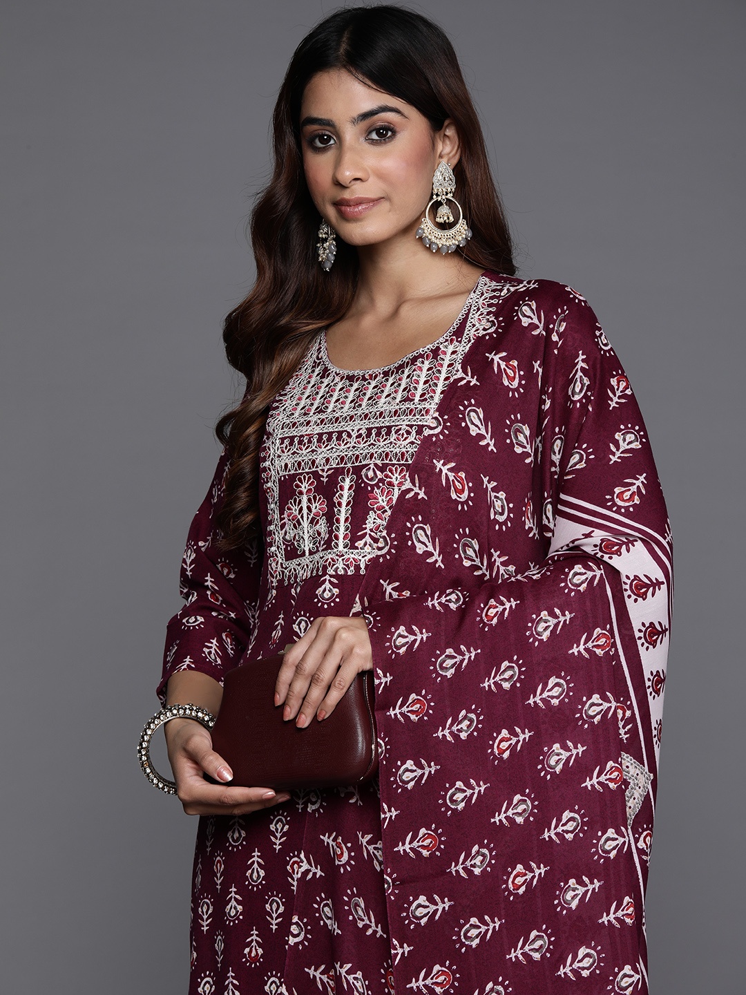 

Indo Era Ethnic Motifs Printed Thread Work Kurta with Trousers & Dupatta, Burgundy