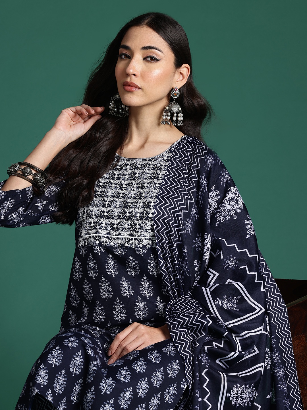 

Indo Era Ethnic Motifs Printed Thread Work Kurta with Trousers & With Dupatta, Navy blue