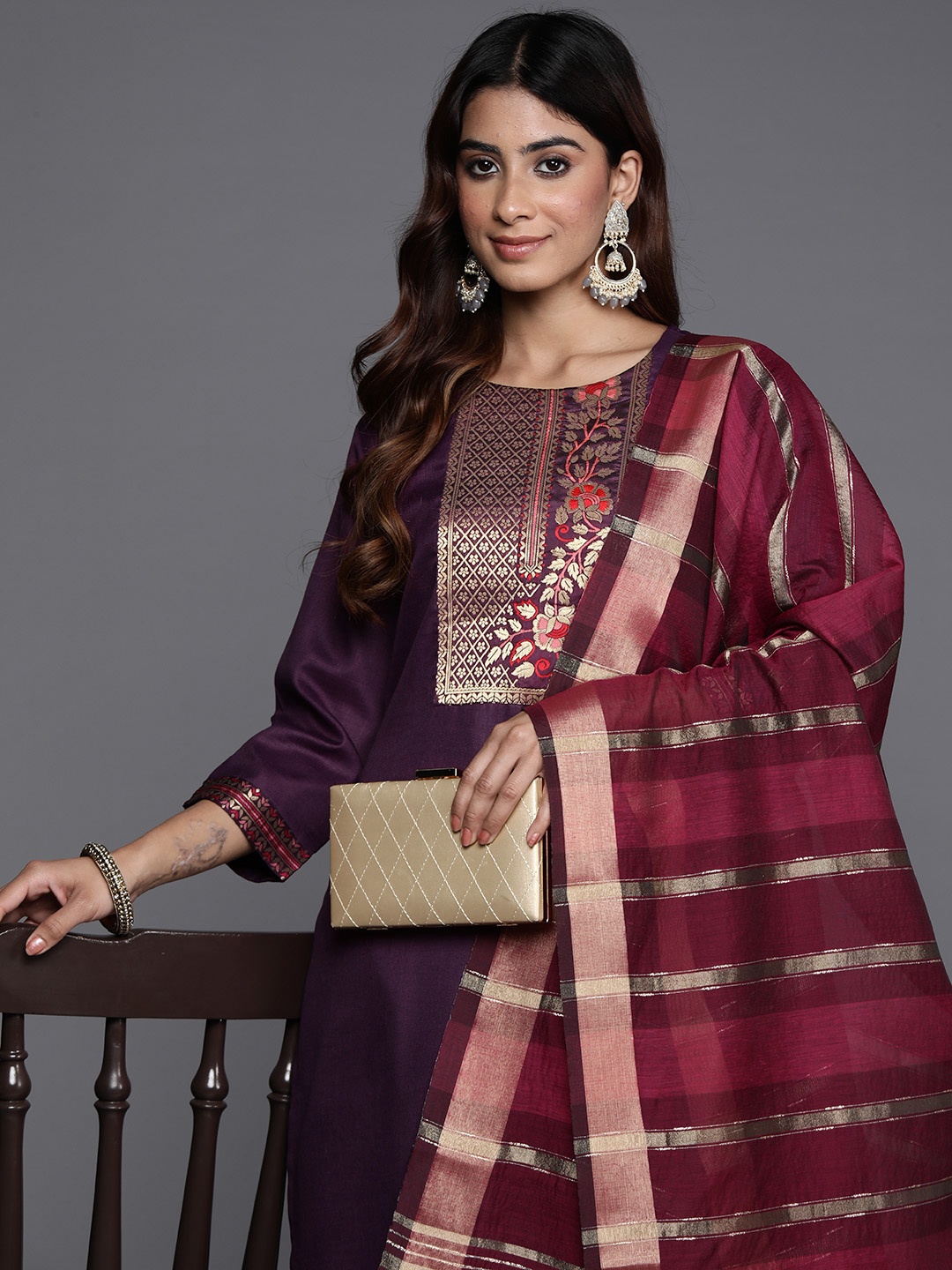 

Indo Era Women Ethnic Motifs Yoke Design Zari Pure Cotton Kurta with Trousers & Dupatta, Purple