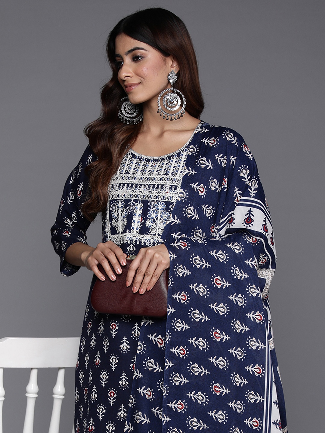 

Indo Era Ethnic Motifs Printed Thread Work Kurta with Trousers & Dupatta, Navy blue