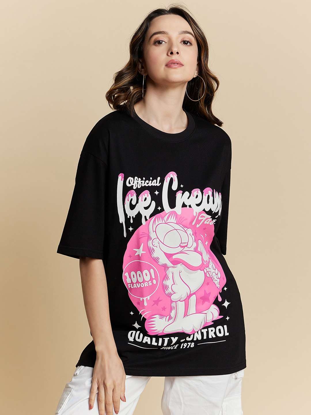 COLOR CAPITAL Printed Three-Quarter Sleeves Cotton Round Neck T-shirt, Black