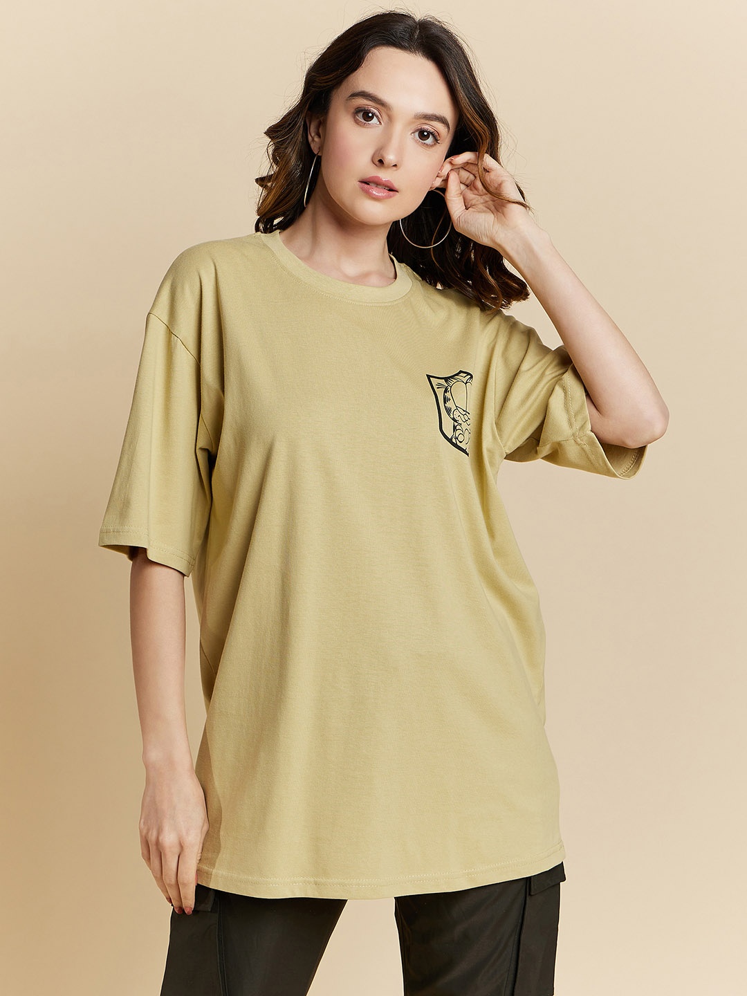

COLOR CAPITAL Printed Three-Quarter Sleeves Cotton Round Neck T-shirt, Khaki