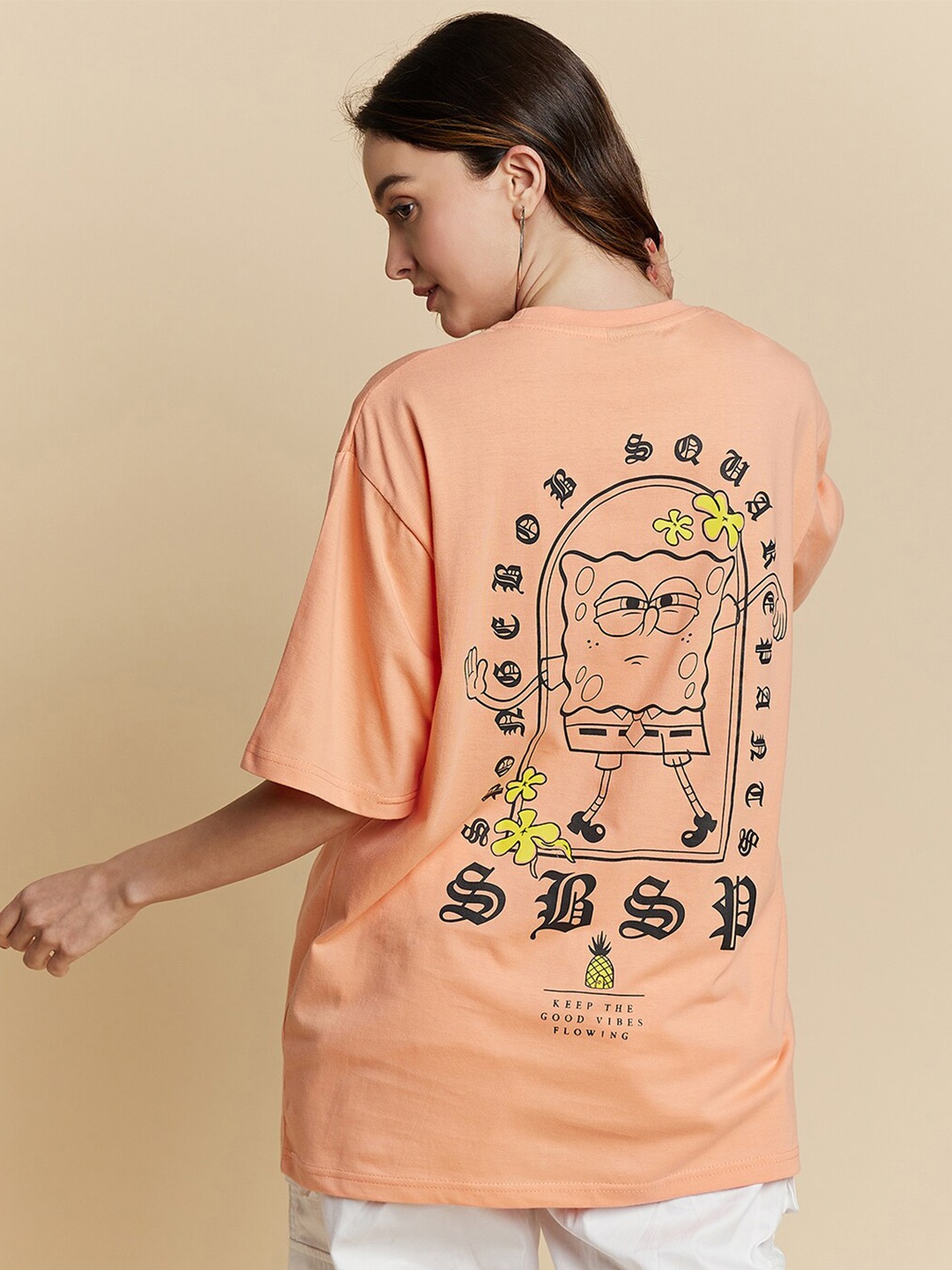 

COLOR CAPITAL Sponge Bob Printed Drop-Shoulder Sleeves Cotton Oversized T-shirt, Peach