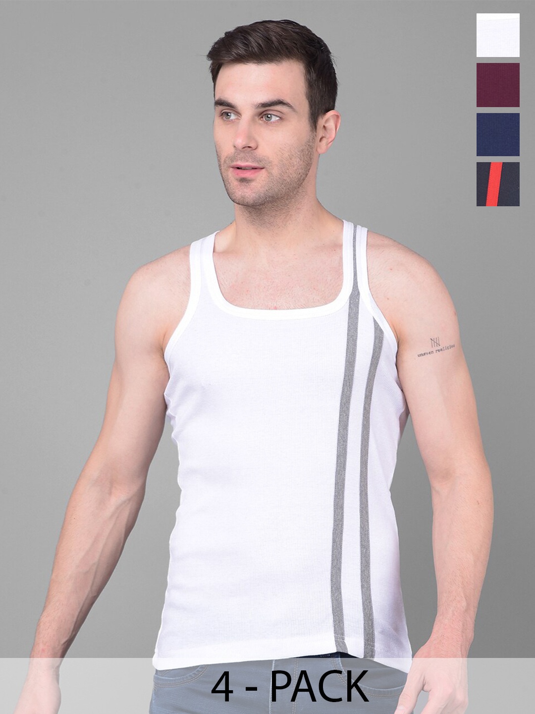 

Dollar Bigboss Men Solid Pack of 4 Cotton Racerback Styled Gym Vest, White