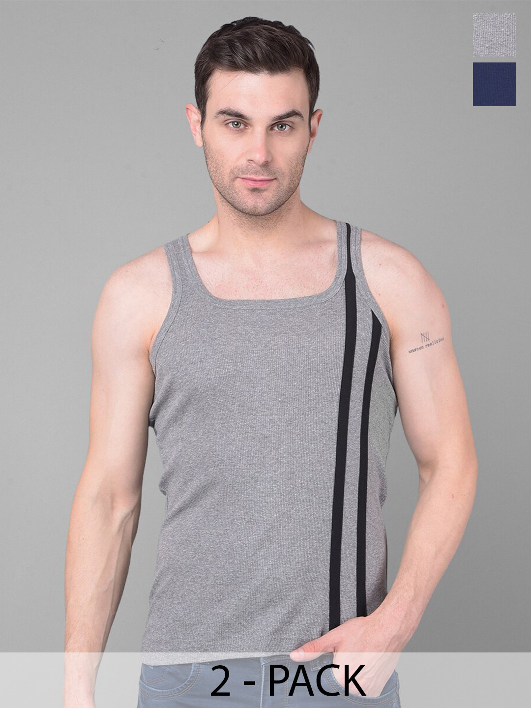 

Dollar Bigboss Men Solid Pack of 2 Cotton Racerback Styled Gym Vest, Grey