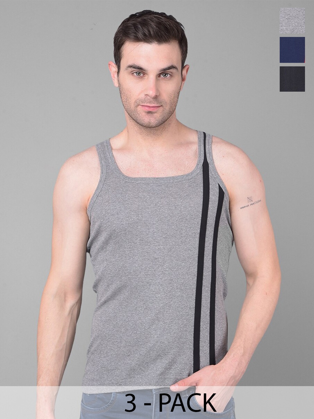 

Dollar Bigboss Pack of 3 Cotton Racerback Styled Gym Vest, Grey