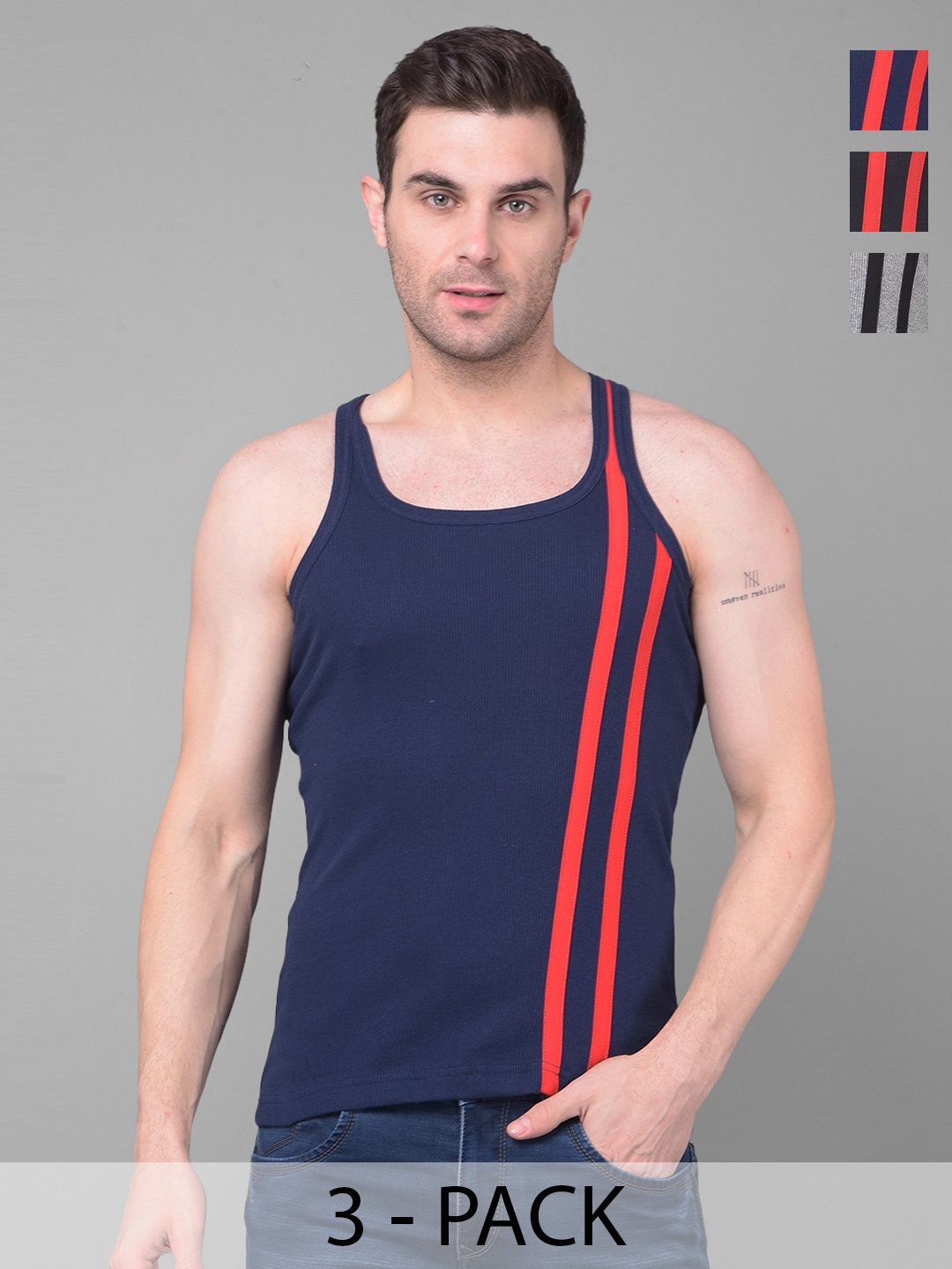 

Dollar Bigboss Pack of 3 Striped Cotton Racerback Styled Gym Vests, Grey