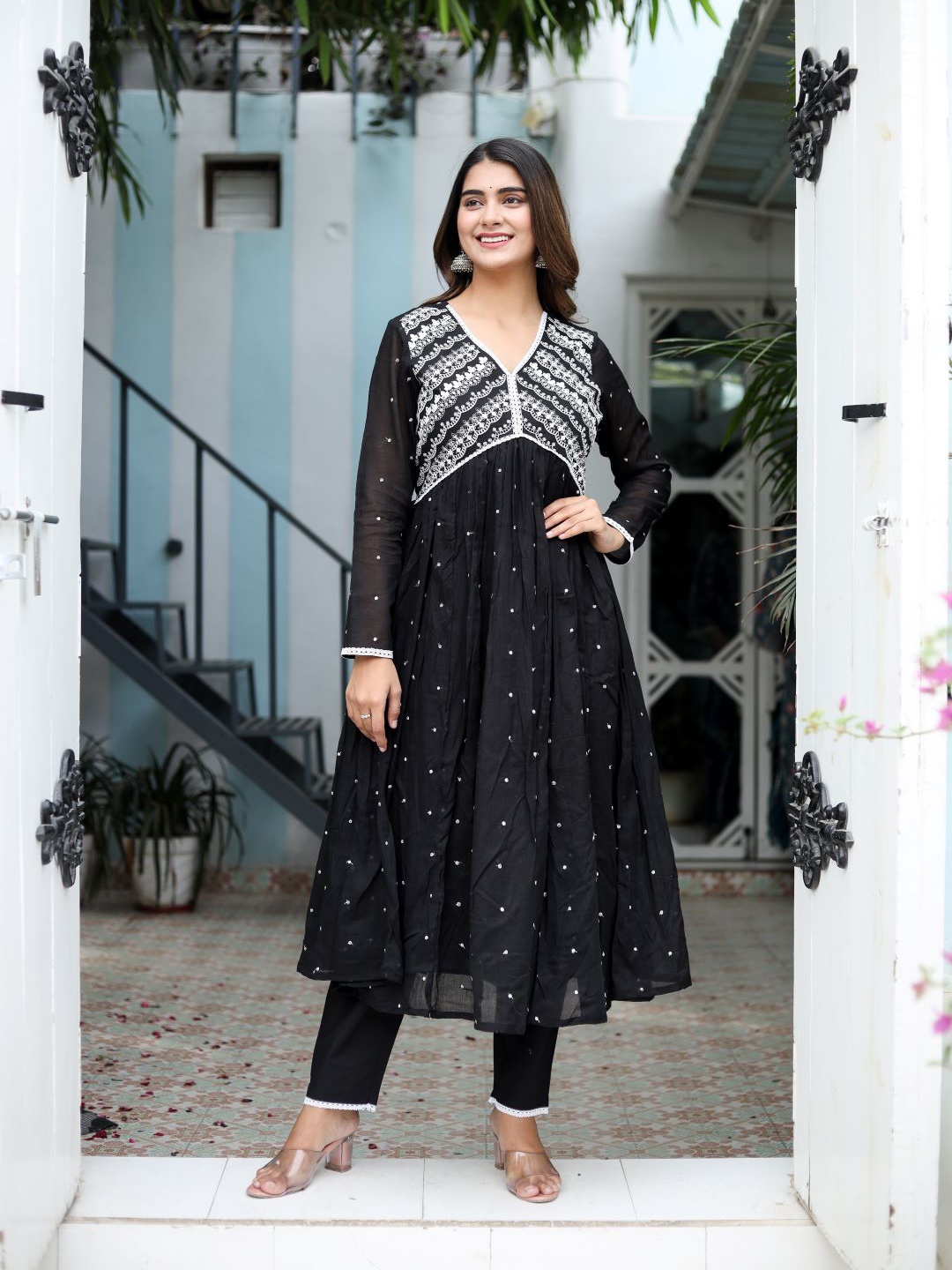 

Chandbaali Embroidered Thread Work Empire Pure Cotton Kurta with Trousers & Dupatta, Black