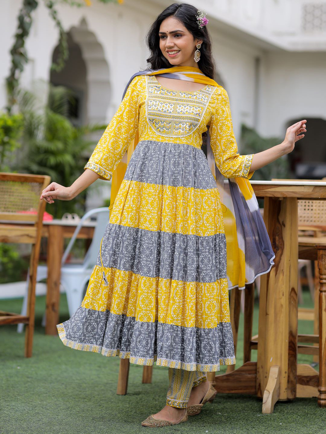 

Chandbaali Ethnic Motifs Printed Empire Mirror Work Kurta with Trousers & Dupatta, Yellow