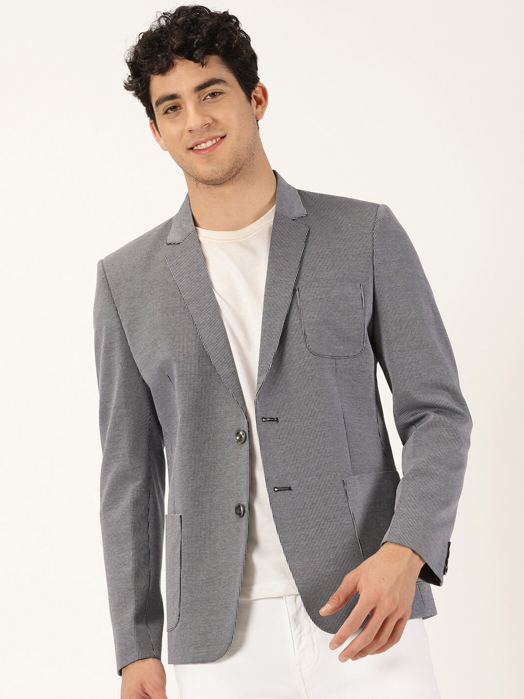 

Mast & Harbour Black Striped Notched Lapel Single Breasted Blazers