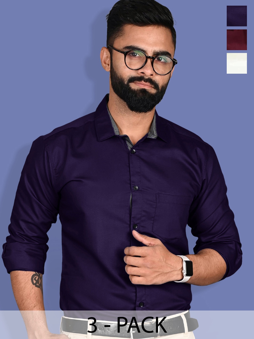 

1 Stop Fashion Pack of 3 Standard Slim Fit Cotton Casual Shirts, Navy blue