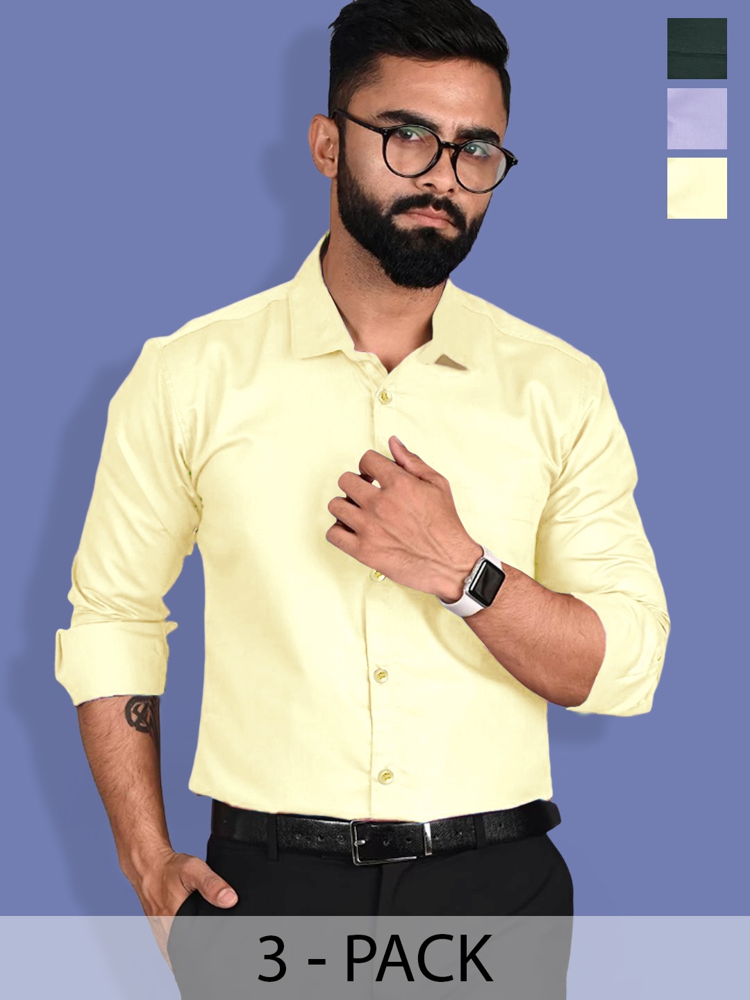 

1 Stop Fashion Selection of 3 Standard Spread Collar Chest Pocket Cotton Casual Shirt, Multi