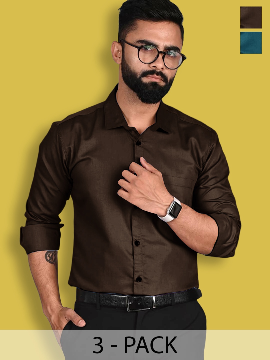 

1 Stop Fashion Standard Pack Of 3 Cotton Spread Collar Opaque Formal Shirt, Brown
