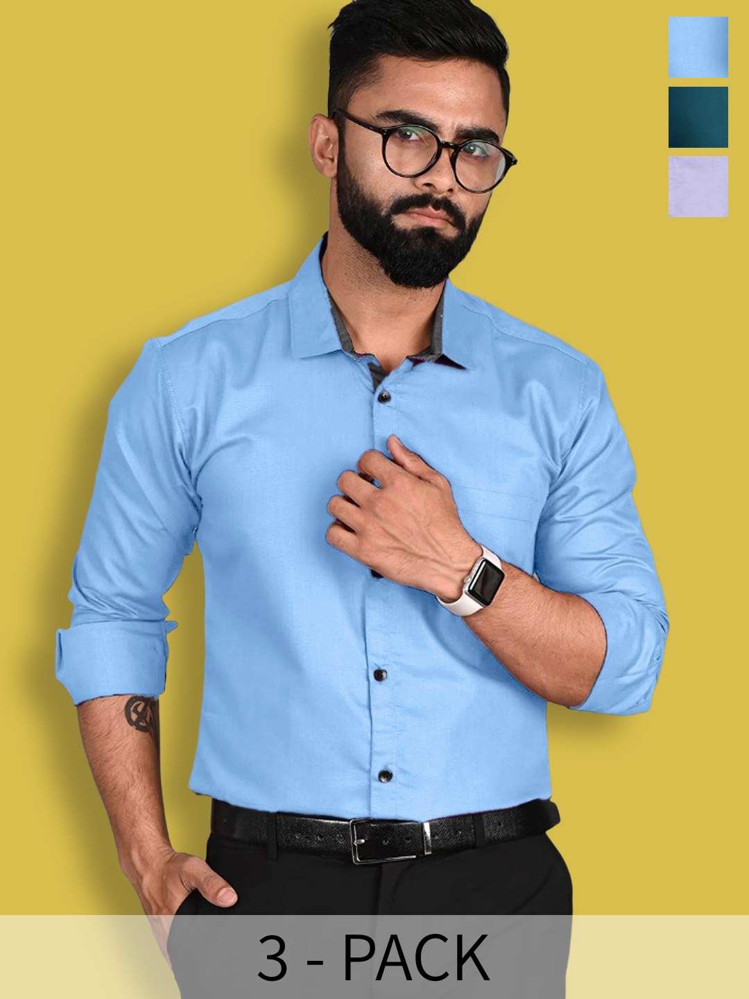 

1 Stop Fashion Selection of 3 Spread Collar Cotton Standard Opaque Formal Shirt, Blue