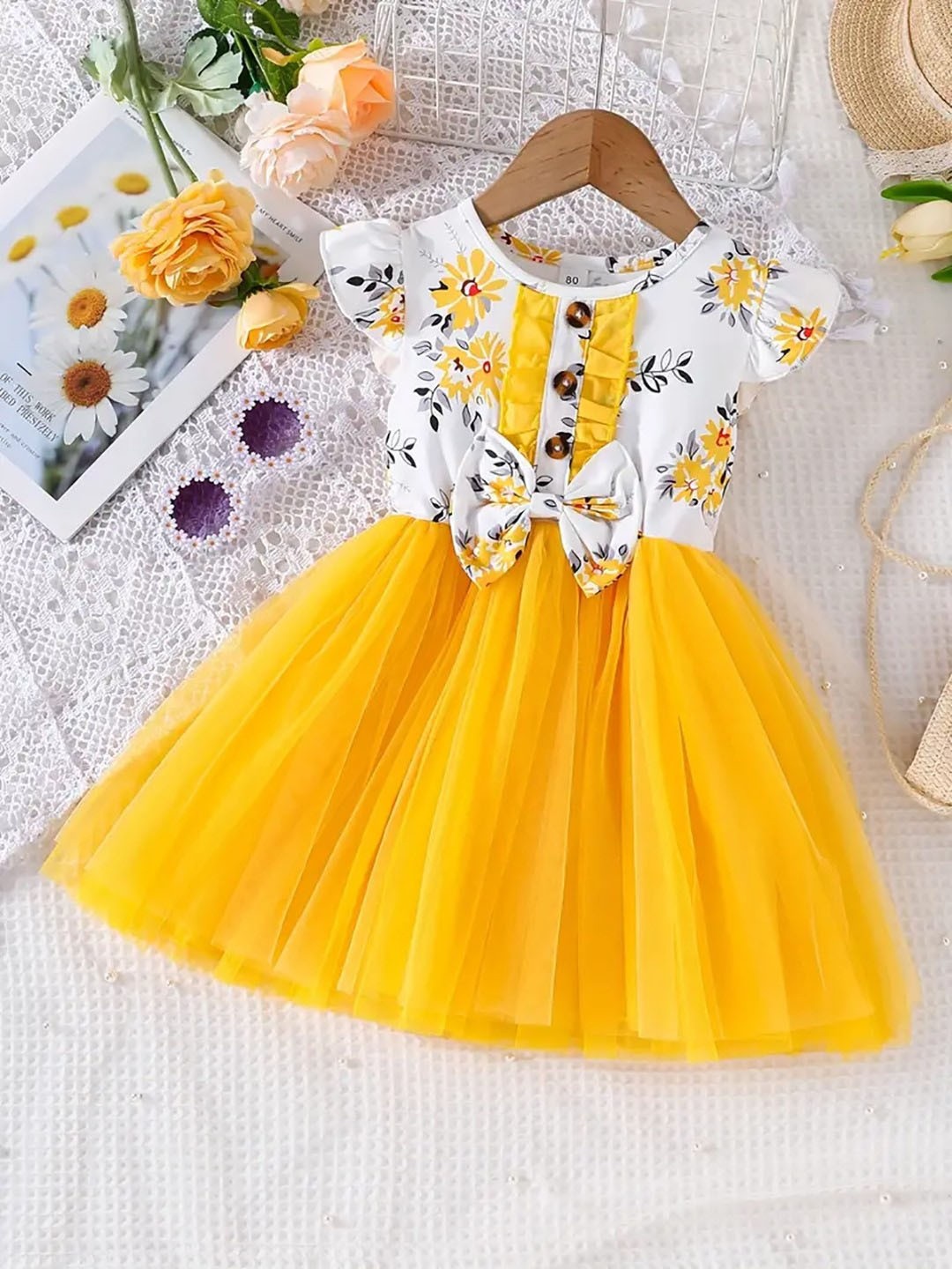 

BAESD Girls Floral Round Neck Cap Sleeves Knee Length Fit & Flare Dress, Yellow