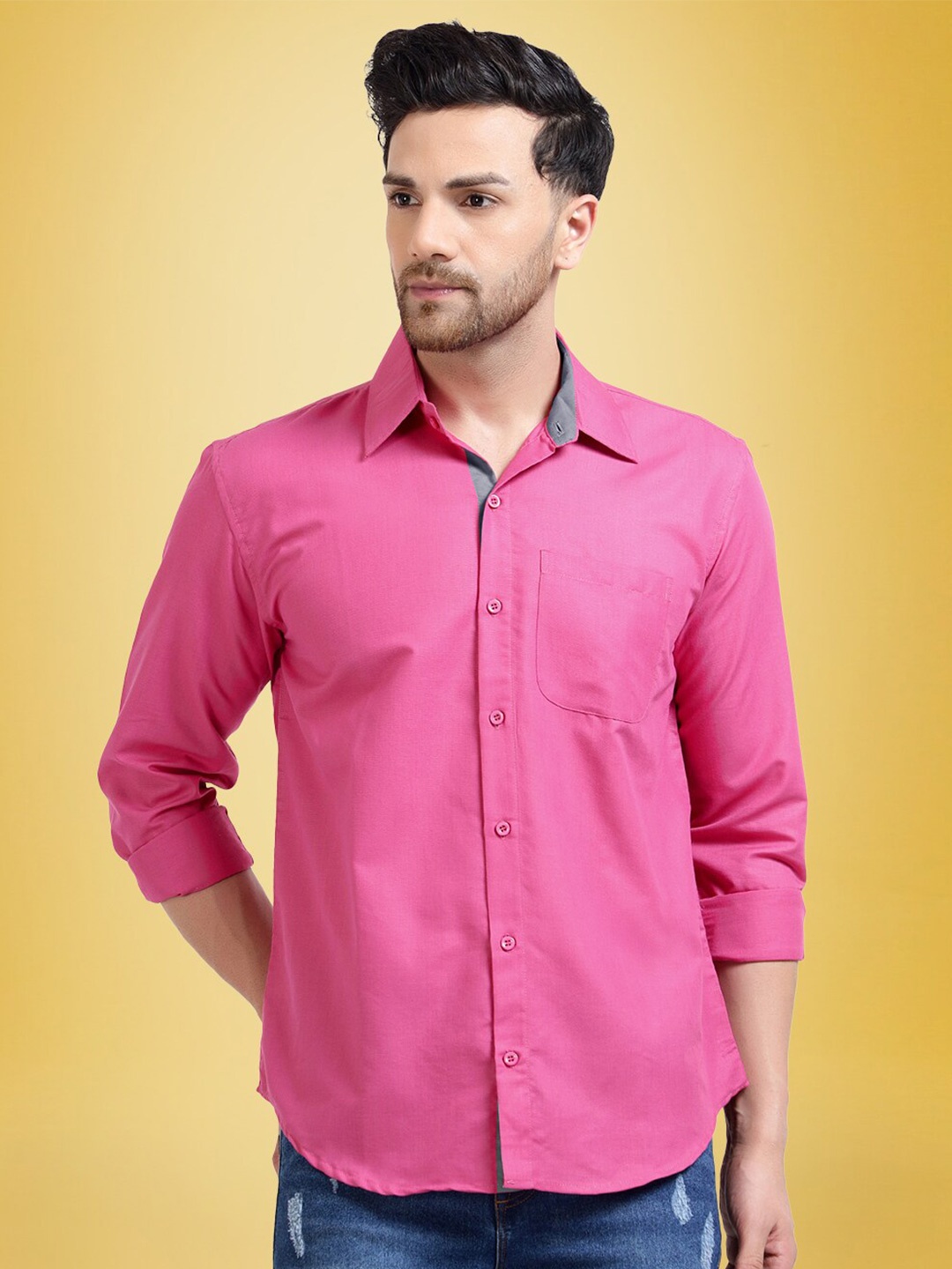 

1 Stop Fashion Standard Slim Fit Spread Collar Long Sleeves Cotton Casual Shirt, Pink