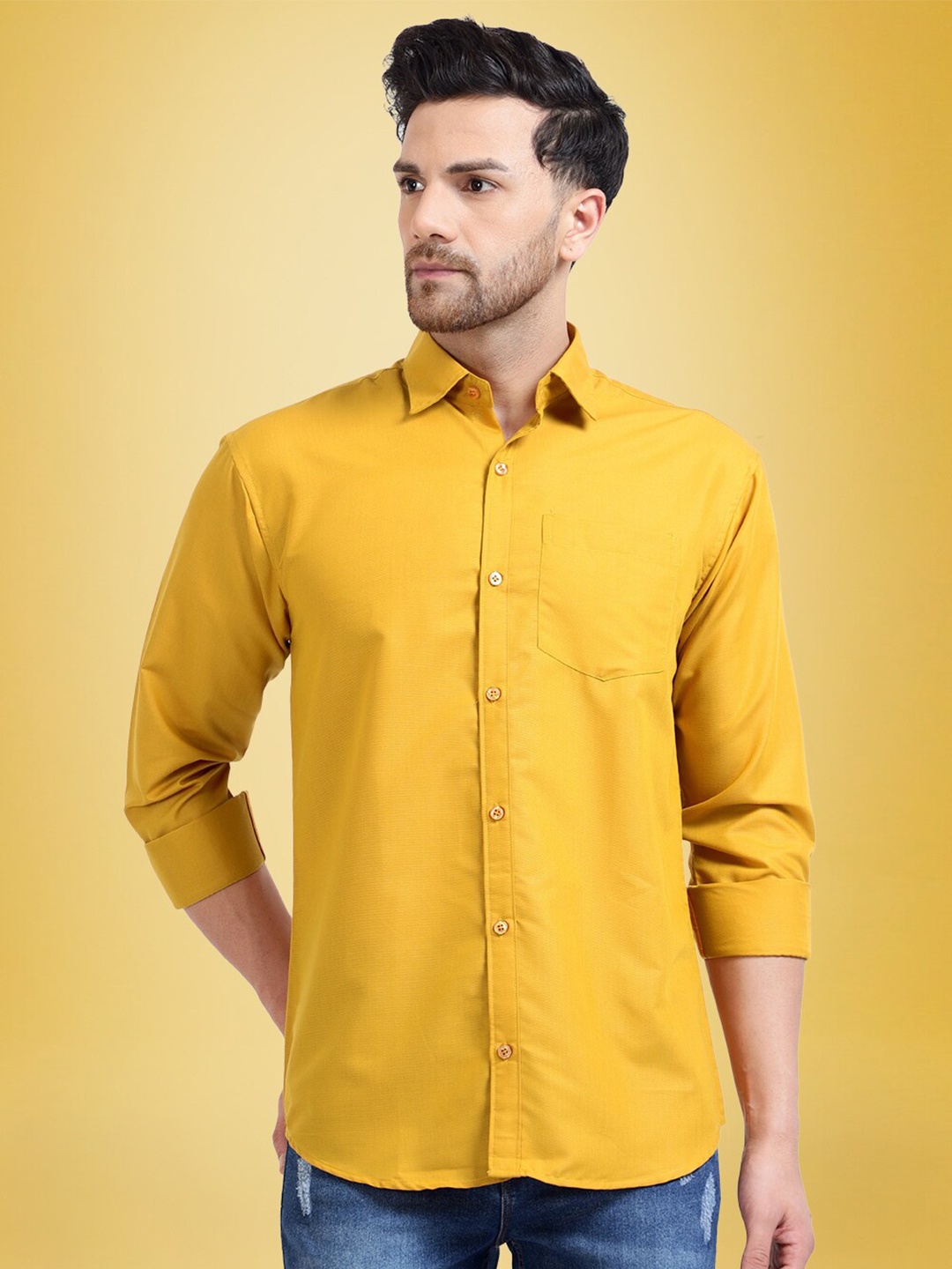 

1 Stop Fashion Spread Collar Cotton Standard Opaque Casual Shirt, Mustard