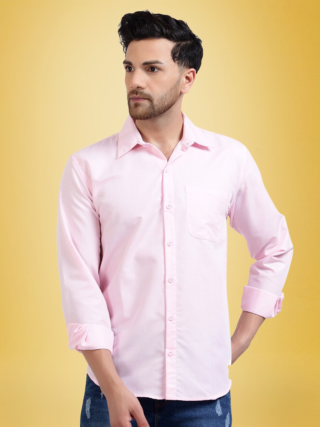 

1 Stop Fashion Standard Spread Collar Chest Pocket Cotton Casual Shirt, Pink