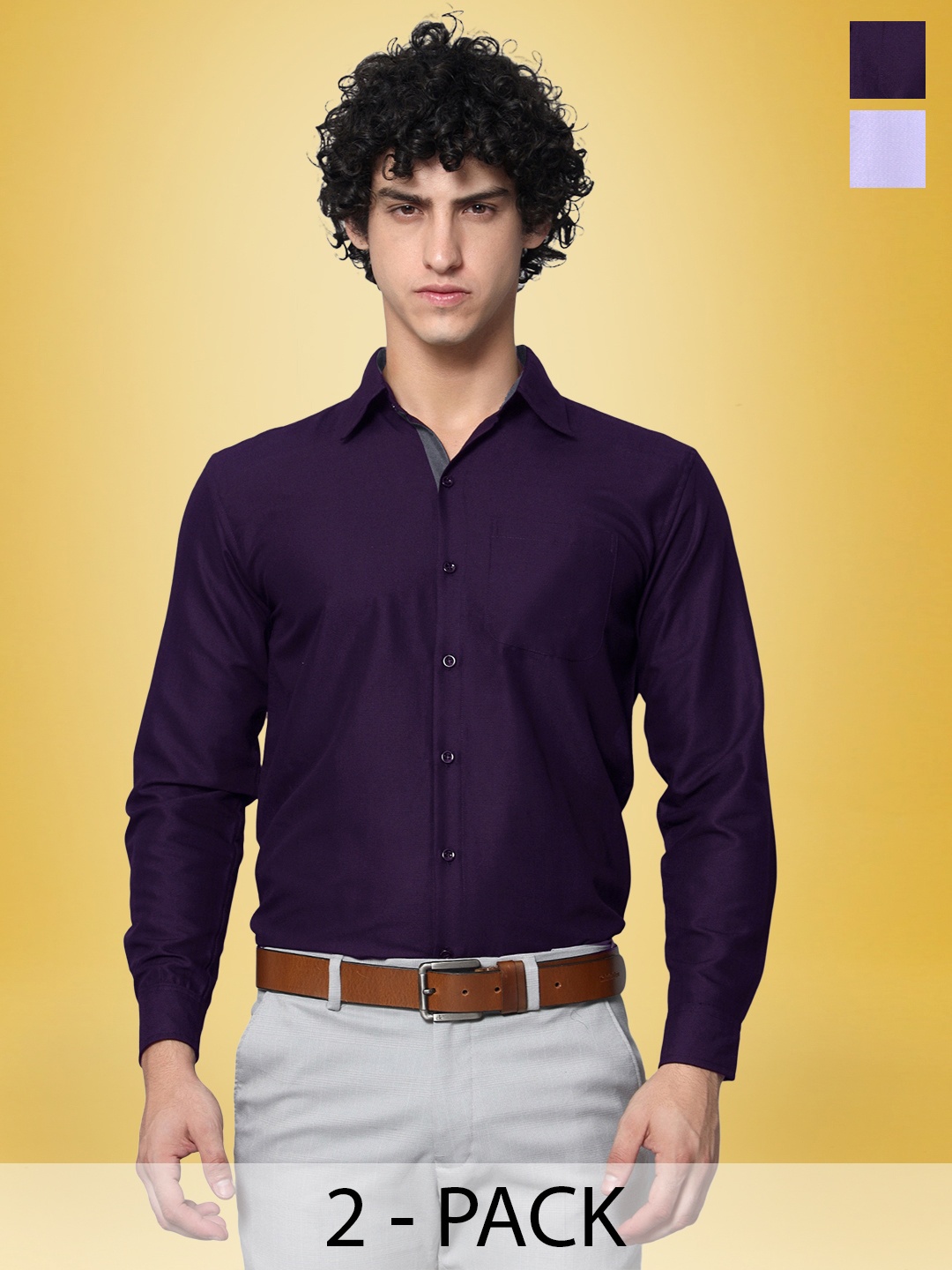 

1 Stop Fashion Selection of 2 Standard Spread Collar Chest Pocket Cotton Formal Shirt, Multi