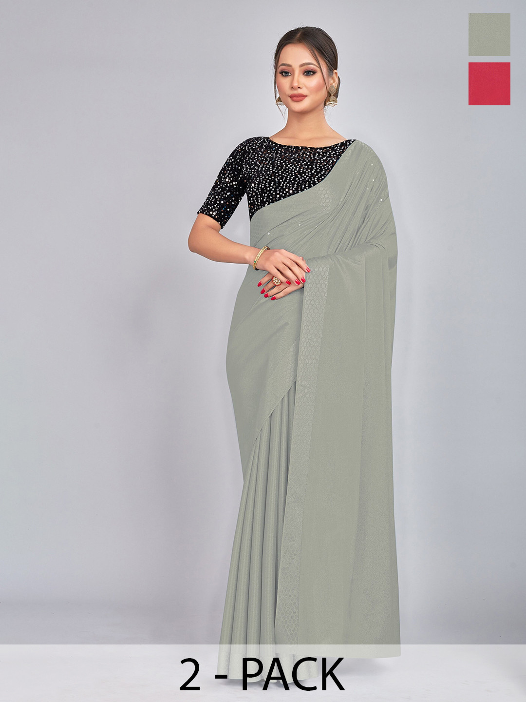 

CastilloFab Selection of 2 Embellished Sequinned Saree, Grey